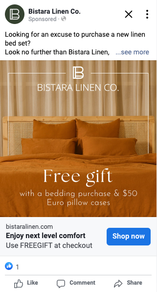 Blufire managed social media advertisement for Bistara Linen Co