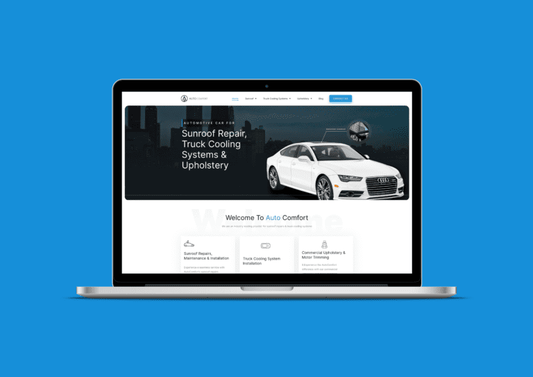 Auto comfort website booking system design on laptop with blue background